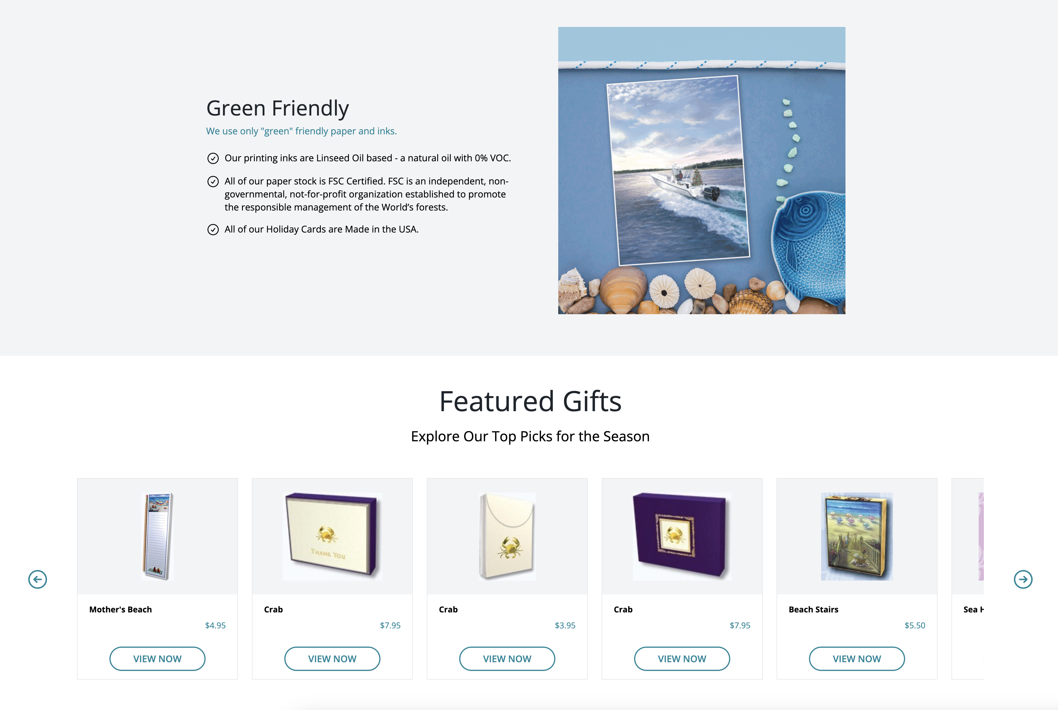 Salt Harbor Studio green-friendly commitment page displaying sustainable holiday card options with linseed oil-based inks and FSC-certified paper for eco-conscious stationery.